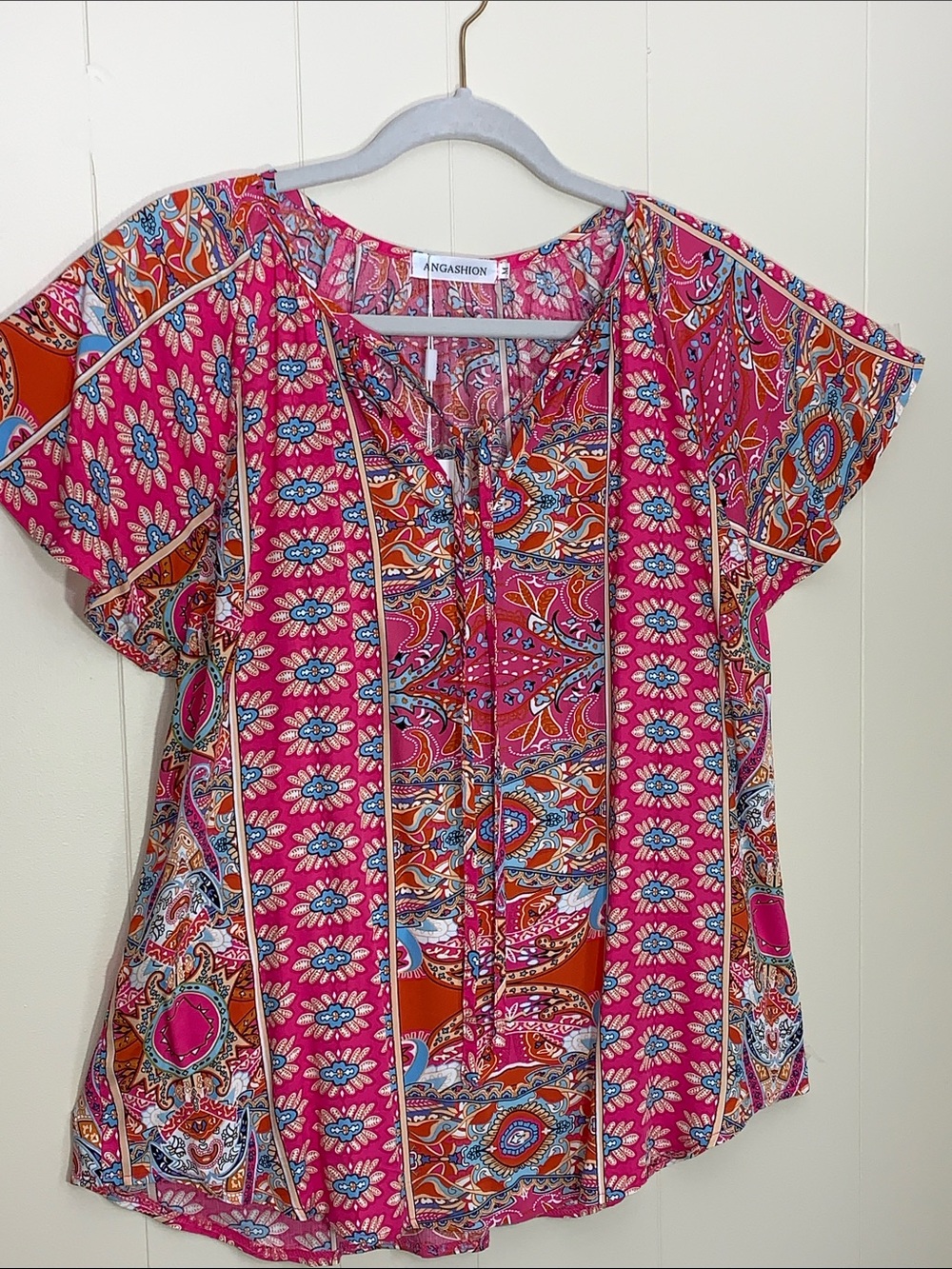 Angashion Pink Paisley Tie-Front Flutter Sleeve Blouse